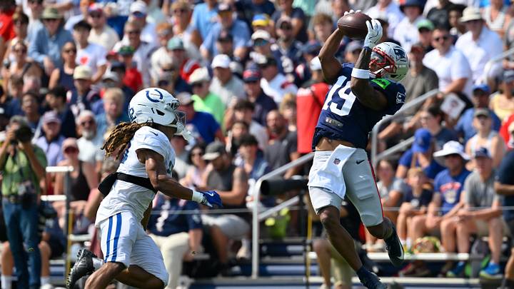 Aug 11, 2026; Foxborough, MA, USA; New England Patriots wide receiver Kobe Prentice (19) makes a catch against Indianapolis Colts cornerback Jai'Onte' McMillan (42) during training camp at Gillette Stadium. Mandatory Credit: Eric Canha-Imagn Images Aug 11, 2026; Foxborough, MA, USA; New England Patriots wide receiver Kobe Prentice (19) makes a catch against Indianapolis Colts cornerback Jai'Onte' McMillan (42) during training camp at Gillette Stadium. Mandatory Credit: Eric Canha-Imagn Images