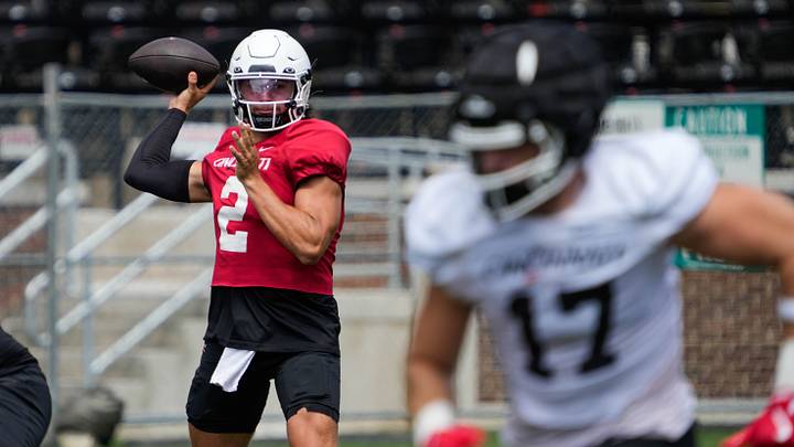 UC Bearcats hold a scrimmage at Nippert Stadium on Friday August 16, 2024. QB Brendan Sorsby throws a pass. UC Bearcats hold a scrimmage at Nippert Stadium on Friday August 16, 2024. QB Brendan Sorsby throws a pass.