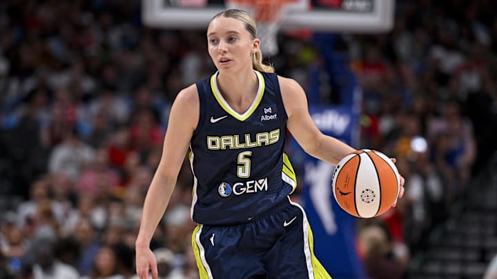 Aug 1, 2025; Dallas, Texas, USA; Dallas Wings guard Paige Bueckers (5) in action during the game between the Dallas Wings and the Indiana Fever at the American Airlines Center. Mandatory Credit: Jerome Miron-Imagn Images