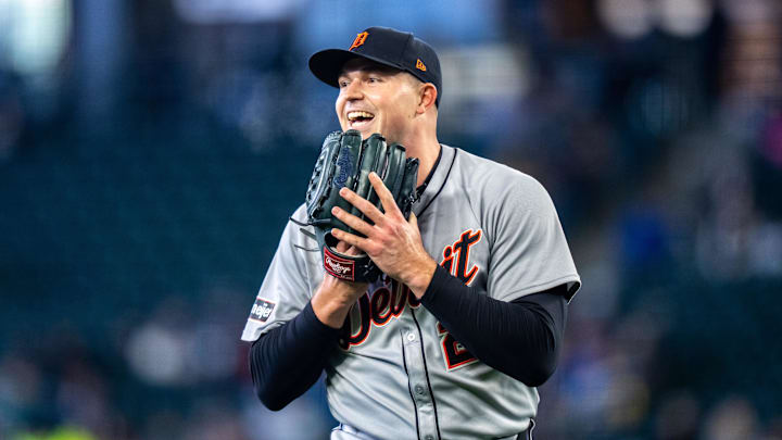 Apr 2, 2025; Seattle, Washington, USA;  Detroit Tigers starting pitcher Tarik Skubal (29) smiles while walking of the at the end of first inning against the Seattle Mariners at T-Mobile Park.