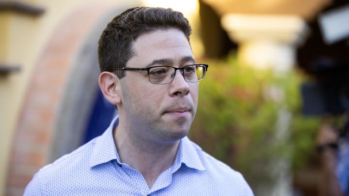 Nov 8, 2023; Scottsdale, AZ, USA; Miami Marlins president of baseball operations Peter Bendix speaks