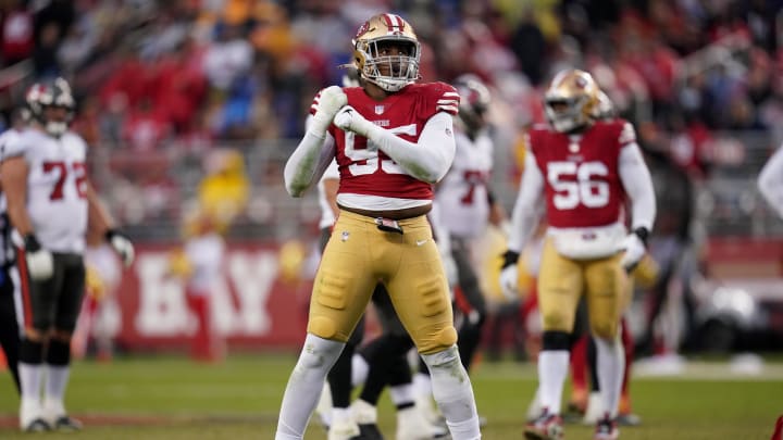 Dec 11, 2022; Santa Clara, California, USA; San Francisco 49ers defensive end Drake Jackson (95) celebrates after the 49ers made a defensive stop on fourth down against the Tampa Bay Buccaneers in the fourth quarter at Levi's Stadium. Mandatory Credit: Cary Edmondson-USA TODAY Sports Dec 11, 2022; Santa Clara, California, USA; San Francisco 49ers defensive end Drake Jackson (95) celebrates after the 49ers made a defensive stop on fourth down against the Tampa Bay Buccaneers in the fourth quarter at Levi's Stadium. Mandatory Credit: Cary Edmondson-USA TODAY Sports