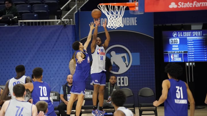 May 15, 2024; Chicago, IL, USA; Bronny James (50) takes a shot during the 2024 NBA Draft Combine at Wintrust Arena. Mandatory Credit: David Banks-USA TODAY Sports
