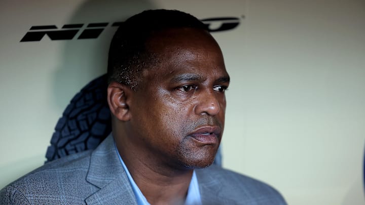Jul 31, 2024; Houston, Texas, USA; Houston Astros general manager Dana Brown addresses the media in the dugout prior to a game against the Pittsburgh Pirates at Minute Maid Park.