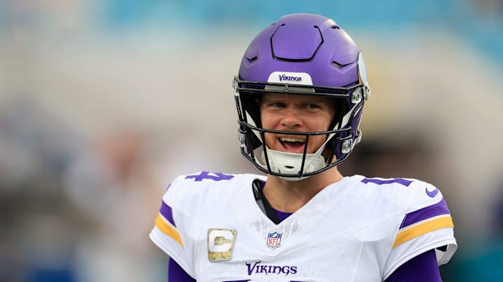Minnesota Vikings quarterback Sam Darnold (14) smiles before an NFL football matchup Sunday, Nov. 10, 2024 at Everbank Stadium in Jacksonville, Fla. [Corey Perrine/Florida Times-Union]