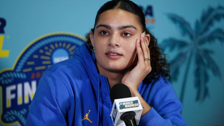 UCLA Bruins center Lauren Betts (51) talks to media before the NCAA Woman’s Final Four at Amalie Arena.