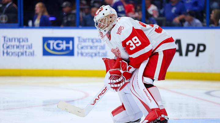 Apr 13, 2026; Tampa, Florida, USA; Detroit Red Wings goaltender Cam Talbot (39) looks on against the Tampa Bay Lightning in the third period at Benchmark International Arena. Mandatory Credit: Nathan Ray Seebeck-Imagn Images