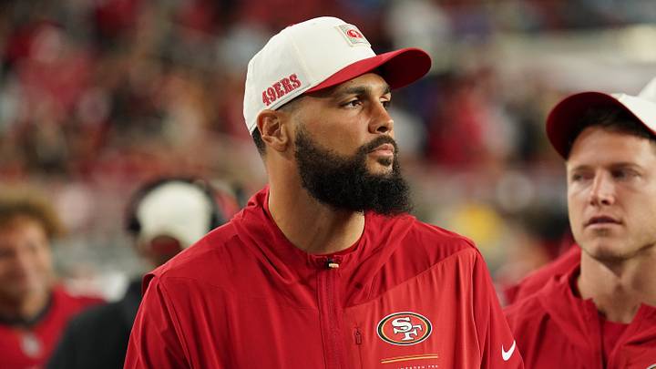 Aug 13, 2026; Santa Clara, California, USA;  San Francisco 49ers wide receiver Mike Evans (5) watches from the sideline during a game against the Tennessee Titans in the fourth quarter at Levi's Stadium. Mandatory Credit: David Gonzales-Imagn Images