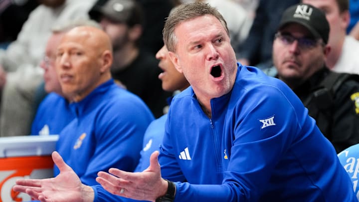Feb 22, 2025; Lawrence, Kansas, USA; Kansas Jayhawks head coach Bill Self reacts to play against the Oklahoma State Cowboys during the second half at Allen Fieldhouse. Feb 22, 2025; Lawrence, Kansas, USA; Kansas Jayhawks head coach Bill Self reacts to play against the Oklahoma State Cowboys during the second half at Allen Fieldhouse.