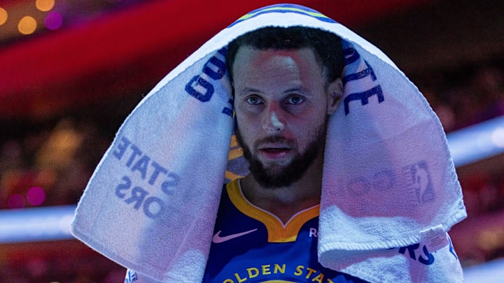 Nov 6, 2023; Detroit, Michigan, USA; Golden State Warriors guard Stephen Curry (30) walks around on a play stoppage against the Detroit Pistons during the in the second half at Little Caesars Arena. Mandatory Credit: David Reginek-Imagn Images