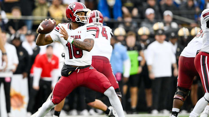 Nov 9, 2024; Nashville, Tennessee, USA;  South Carolina Gamecocks quarterback LaNorris Sellers (16) passes the ball against the Vanderbilt Commodores during the first half at FirstBank Stadium. Mandatory Credit: Steve Roberts-Imagn Images