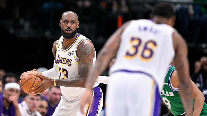 Jan 24, 2026; Dallas, Texas, USA; Los Angeles Lakers forward LeBron James (23) looks to pass the ball to guard Marcus Smart (36) during the second quarter against the Dallas Mavericks at the American Airlines Center. Mandatory Credit: Jerome Miron-Imagn Images