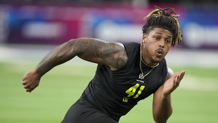 Feb 26, 2026; Indianapolis, IN, USA; Texas A&M defensive lineman Cashius Howell (DL41) during the NFL Scouting Combine  at Lucas Oil Stadium. Mandatory Credit: Kirby Lee-Imagn Images