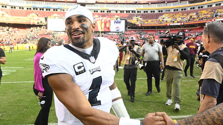 Philadelphia Eagles quarterback Jalen Hurts (1) celebrates.