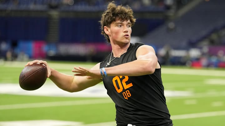 Penn State quarterback Drew Allar throws a pass during the NFL Scouting Combine at Lucas Oil Stadium.