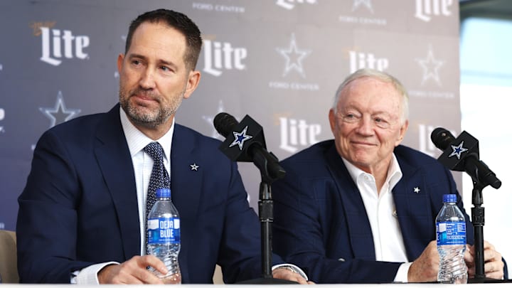 Dallas Cowboys Head Coach Brian Schottenheimer and owner Jerry Jones speak to the media at a press conference at the Star.  