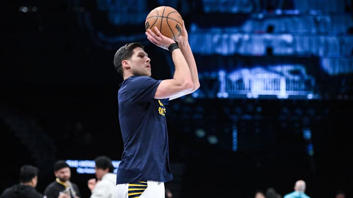 Apr 3, 2024; Brooklyn, New York, USA; Indiana Pacers forward Doug McDermott (20) warms up before a game against the Brooklyn Nets at Barclays Center. Mandatory Credit: John Jones-Imagn Images