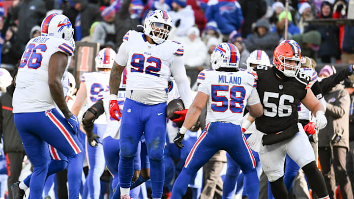 Dec 21, 2025; Cleveland, Ohio, USA;  Buffalo Bills defensive tackle Daquan Jones (92) reacts after an interception against the Cleveland Browns during the second half at Huntington Bank Field.