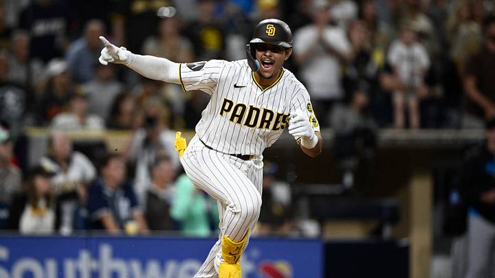 Sep 19, 2026; San Diego, California, USA; San Diego Padres pinch hitter Ethan Salas (8) celebrates after hitting a walk-off single during the tenth inning against the Miami Marlins at Petco Park. Mandatory Credit: Denis Poroy-Imagn Images Sep 19, 2026; San Diego, California, USA; San Diego Padres pinch hitter Ethan Salas (8) celebrates after hitting a walk-off single during the tenth inning against the Miami Marlins at Petco Park. Mandatory Credit: Denis Poroy-Imagn Images