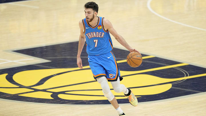 Jun 13, 2025; Indianapolis, Indiana, USA; Oklahoma City Thunder forward Chet Holmgren (7) dribbles the ball against the Indiana Pacers during the first half during game four of the 2025 NBA Finals at Gainbridge Fieldhouse. Mandatory Credit: Kyle Terada-Imagn Images