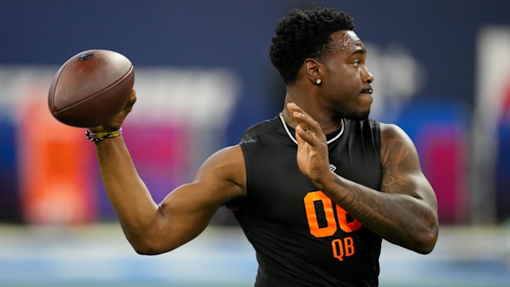 Feb 28, 2026; Indianapolis, IN, USA; Kansas quarterback Jalon Daniels (QB06) during the NFL Scouting Combine at Lucas Oil Stadium. Mandatory Credit: Kirby Lee-Imagn Images