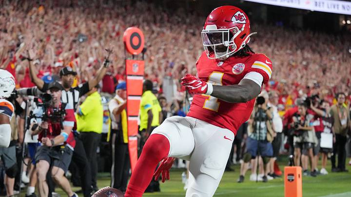 Kansas City Chiefs wide receiver Rashee Rice (4) reacts after scoring a touchdown against the Denver Broncos in the first half at GEHA Field at Arrowhead Stadium. Mandatory Credit: Denny Medley-Imagn Images Kansas City Chiefs wide receiver Rashee Rice (4) reacts after scoring a touchdown against the Denver Broncos in the first half at GEHA Field at Arrowhead Stadium. Mandatory Credit: Denny Medley-Imagn Images