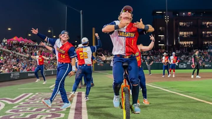 Jonathan "Sunshine" Luders lip syncs during his walk up song on his unicycle in classic Savannah Bananas style. Photo from the Texas Tailgaters Instagram Page: @thetexastailgaters