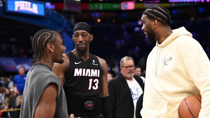 Mar 29, 2025; Philadelphia, Pennsylvania, USA; Miami Heat center Bam Adebayo (13) reacts with Philadelphia 76ers guard Tyrese Maxey and center Joel Embiid after the game at Wells Fargo Center. Mandatory Credit: Kyle Ross-Imagn Images Mar 29, 2025; Philadelphia, Pennsylvania, USA; Miami Heat center Bam Adebayo (13) reacts with Philadelphia 76ers guard Tyrese Maxey and center Joel Embiid after the game at Wells Fargo Center. Mandatory Credit: Kyle Ross-Imagn Images