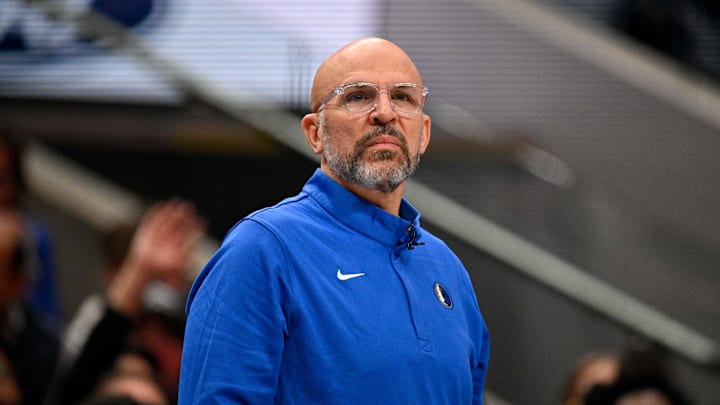 Jan 14, 2026; Dallas, Texas, USA; Dallas Mavericks head coach Jason Kidd looks on during the game against the Denver Nuggets at the American Airlines Center. Mandatory Credit: Jerome Miron-Imagn Images
