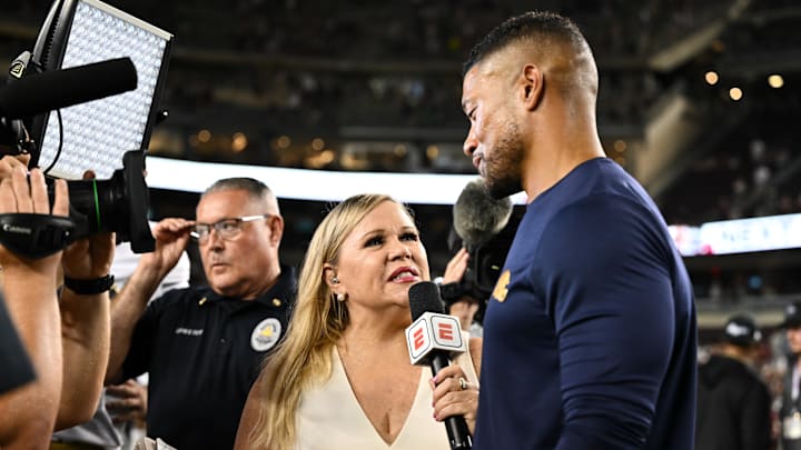 Aug 31, 2024; College Station, Texas, USA; EPSN sideline reporter Holly Rowe, right, interviews Notre Dame Fighting Irish head coach Marcus Freeman after their win over Texas A&M Aggies at Kyle Field. Mandatory Credit: Maria Lysaker-Imagn Images Aug 31, 2024; College Station, Texas, USA; EPSN sideline reporter Holly Rowe, right, interviews Notre Dame Fighting Irish head coach Marcus Freeman after their win over Texas A&M Aggies at Kyle Field. Mandatory Credit: Maria Lysaker-Imagn Images