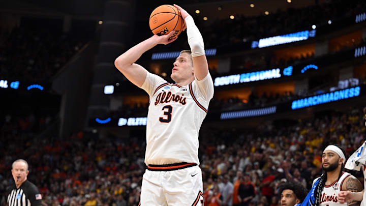 Mar 28, 2026; Houston, TX, USA; Illinois Fighting Illini forward Ben Humrichous (3) shoots against the Iowa Hawkeyes in the second half during an Elite Eight game of the South Regional of the men's 2026 NCAA Tournament at Toyota Center. Mandatory Credit: Maria Lysaker-Imagn Images Mar 28, 2026; Houston, TX, USA; Illinois Fighting Illini forward Ben Humrichous (3) shoots against the Iowa Hawkeyes in the second half during an Elite Eight game of the South Regional of the men's 2026 NCAA Tournament at Toyota Center. Mandatory Credit: Maria Lysaker-Imagn Images
