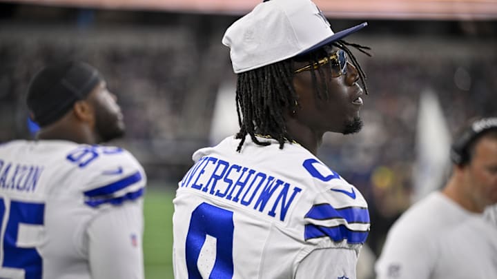 Dallas Cowboys linebacker DeMarvion Overshown looks on before a game against the Baltimore Ravens at AT&T Stadium