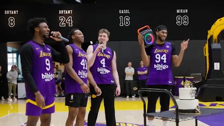 Los Angeles Lakers rookies Bronny James, Quincy Olivari, Dalton Knecht and Armel Traore sing "Happy Birthday" to LeBron James.