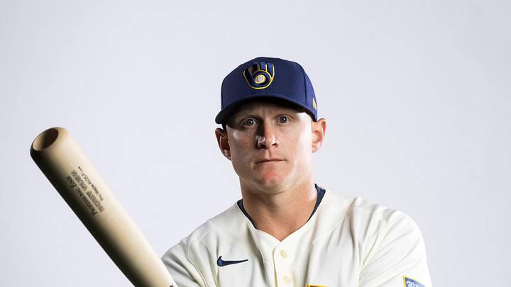 Feb 20, 2026; Phoenix, AZ, USA; Milwaukee Brewers infielder Andrew Vaughn poses for a portrait during photo day at American Family Fields of Phoenix. Mandatory Credit: Mark J. Rebilas-Imagn Images