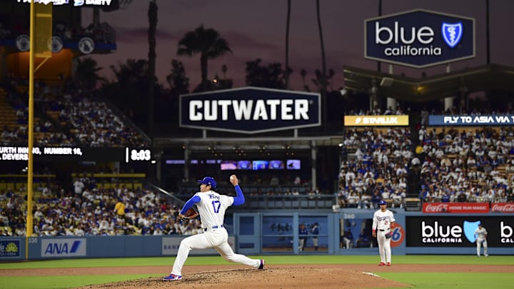 May 13, 2026; Los Angeles, California, USA; Los Angeles Dodgers two-way player Shohei Ohtani (17) delivers a pitch in the fourth inning against the San Francisco Giants at Dodger Stadium. Mandatory Credit: Gary A. Vasquez-Imagn Images