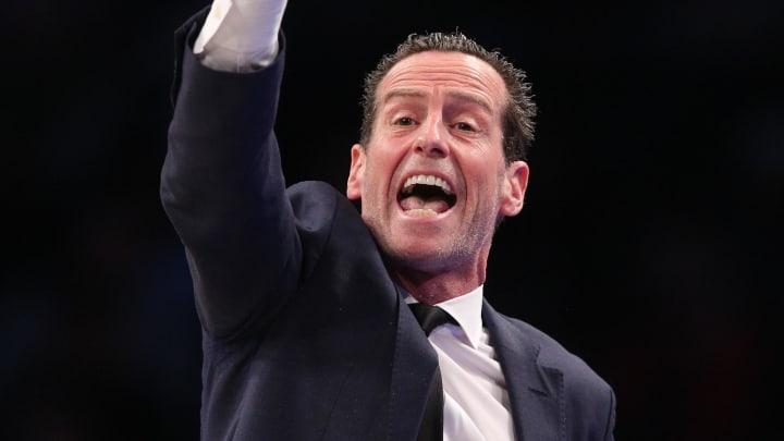 Mar 4, 2020; Brooklyn, New York, USA; Brooklyn Nets head coach Kenny Atkinson coaches against the Memphis Grizzlies during the first quarter at Barclays Center. Mandatory Credit: Brad Penner-USA TODAY Sports