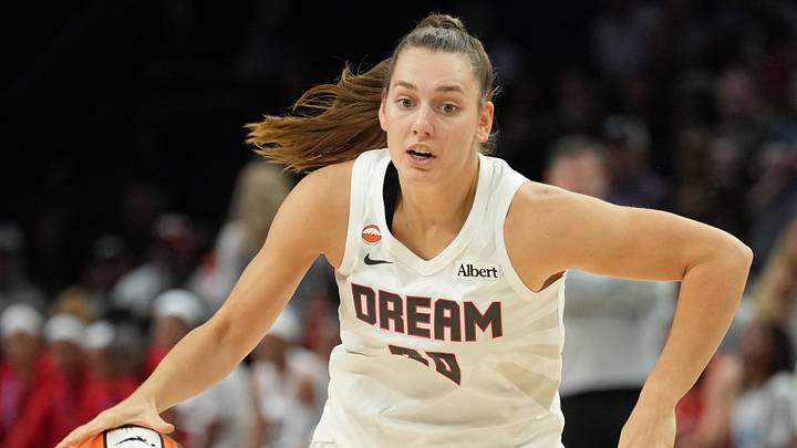 May 27, 2026; Minneapolis, Minnesota, USA; Atlanta Dream guard Isobel Borlase (20) dribbles the ball against the Minnesota Lynx in the first half at Target Center. Mandatory Credit: Jesse Johnson-Imagn Images