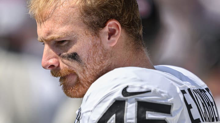Sep 15, 2024; Baltimore, Maryland, USA; Las Vegas Raiders linebacker Tommy Eichenberg (45) looks on before the game against the Baltimore Ravens at M&T Bank Stadium. Mandatory Credit: Reggie Hildred-Imagn Images
