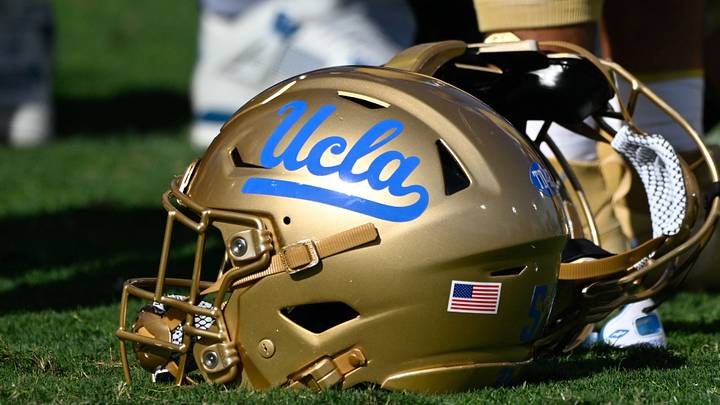 UCLA Bruins helmets during pregame warmups before playing the Fresno State Bulldogs at Rose Bowl on Nov 30, 2024. UCLA Bruins helmets during pregame warmups before playing the Fresno State Bulldogs at Rose Bowl on Nov 30, 2024.