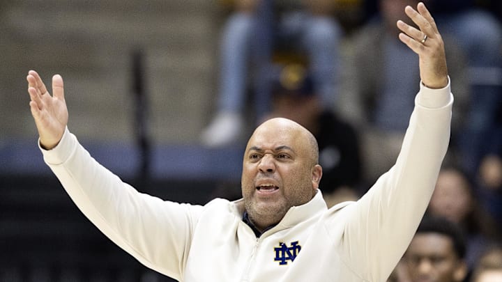 Jan 2, 2026; Berkeley, California, USA; Notre Dame Fighting Irish head coach Micah Shrewsberry argues a foul call against his team during the second half with the California Golden Bears at Haas Pavilion. 