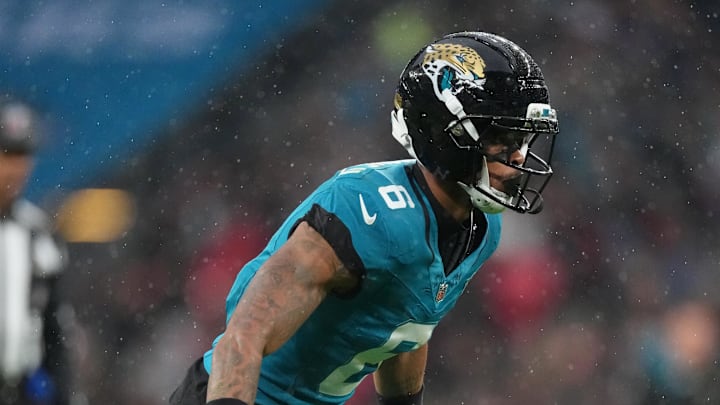 Oct 19, 2025; London, United Kingdom; Jacksonville Jaguars safety Darnell Savage (6) gets in position before a play against the Los Angeles Rams during the first half of an NFL International Series game at Wembley Stadium. Mandatory Credit: Kirby Lee-Imagn Images
