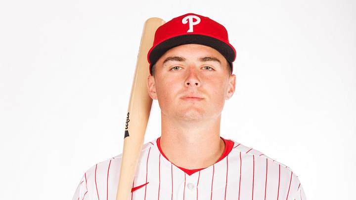Feb 19, 2026; Clearwater, FL, USA; Philadelphia Phillies infielder Aidan Miller (81) poses for media day. Mandatory Credit: Morgan Tencza-Imagn Images