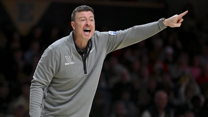 Jan 31, 2026; Nashville, TN, USA;  Vanderbilt Commodores head coach Mark Byington yells to his team against the Mississippi Rebels during the second half at Memorial Gymnasium. Mandatory Credit: Steve Roberts-Imagn Images