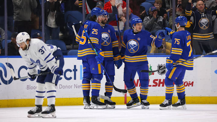 Dec 21, 2023; Buffalo, New York, USA;  Buffalo Sabres left wing Jeff Skinner (53) celebrates his