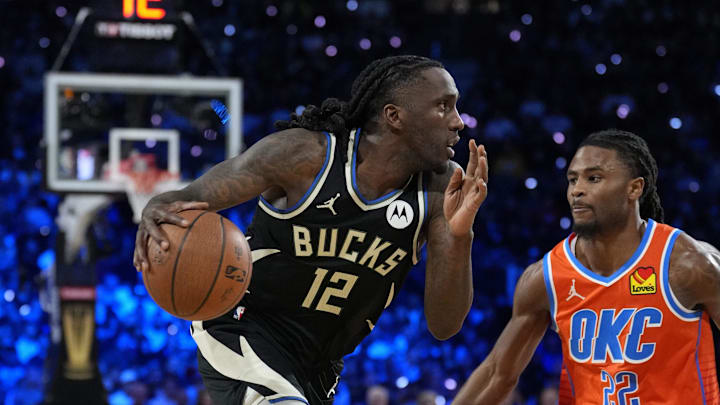 Milwaukee Bucks forward Taurean Prince drives against Oklahoma City Thunder guard Cason Wallace during the 3rd quarter of the Emirates NBA Cup championship game at T-Mobile Arena on Tuesday.