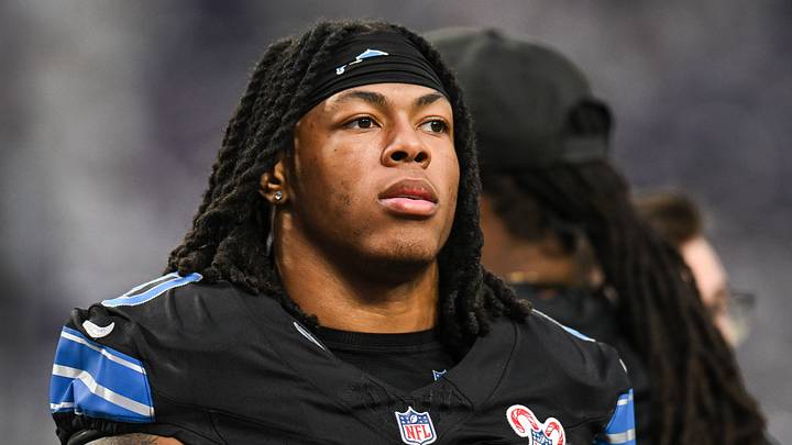 Dec 25, 2025; Minneapolis, Minnesota, USA; Detroit Lions running back Jahmyr Gibbs (0) looks on before the game against the Minnesota Vikings at U.S. Bank Stadium. Mandatory Credit: Jeffrey Becker-Imagn Images
