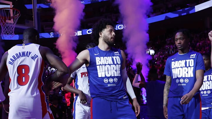Apr 24, 2025; Detroit, Michigan, USA; Detroit Pistons guard Cade Cunningham (2) during player introductions before the game against the New York Knicks uring game three of first round for the 2024 NBA Playoffs at Little Caesars Arena. Mandatory Credit: Rick Osentoski-Imagn Images