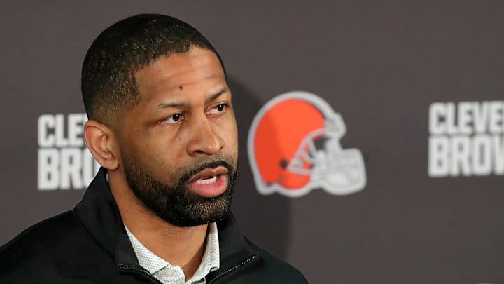 Cleveland Browns general manager Andrew Berry speaks about the hiring process during Todd Monken’s introductory press conference at the Cleveland Browns training facility, Feb. 3, 2026, in Berea, Ohio.