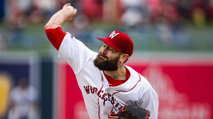 Boston Red Sox right-handed pitcher Lucas Giolito tosses a pitch during a rehab start with the WooSox at Polar Park on April 25, 2025.