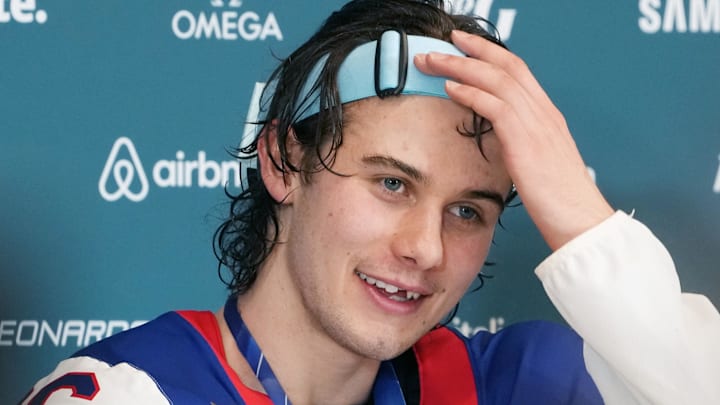 Feb 22, 2026; Milan, Italy; Jack Hughes of the United States celebrates after winning the men's ice hockey gold medal game during the Milano Cortina 2026 Olympic Winter Games at Milano Santagiulia Ice Hockey Arena. Feb 22, 2026; Milan, Italy; Jack Hughes of the United States celebrates after winning the men's ice hockey gold medal game during the Milano Cortina 2026 Olympic Winter Games at Milano Santagiulia Ice Hockey Arena.
